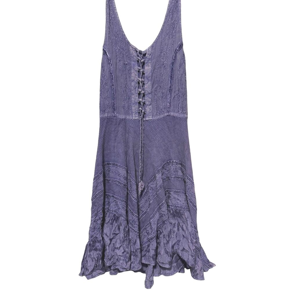 Flower Purple Embroidered Boho Lace Up Midi Dress One Size